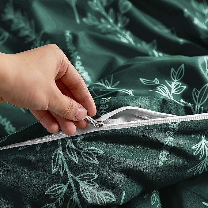 MUXHOMO Duvet Cover Full Size, Reversible Floral Forest Green Duvet Cover Set with Zipper Closure, 3 Pieces Botanical Patterns Soft Microfiber Bedding Set with 4 Ties (80"x90", 2 Pillow Cases)