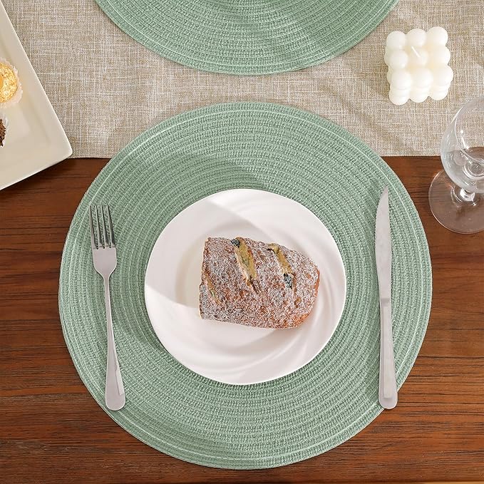 SHACOS Round Placemats Set of 4 Woven Braided Table Placemats 15 inch Cotton Polyester Place Mats Washable Table Mats Indoor Outdoor, Sage Green
