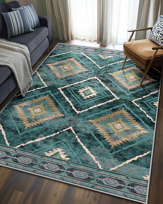 Area Rug 4x6 Rug Machine Washable Non-Slip Low Pile Print Pattern Western Rug for Living Room Bedroom Entryway Tribal Series -Teal/Green
