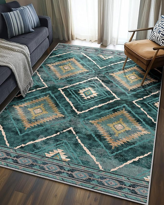 Area Rug 4x6 Rug Machine Washable Non-Slip Low Pile Print Pattern Western Rug for Living Room Bedroom Entryway Tribal Series -Teal/Green