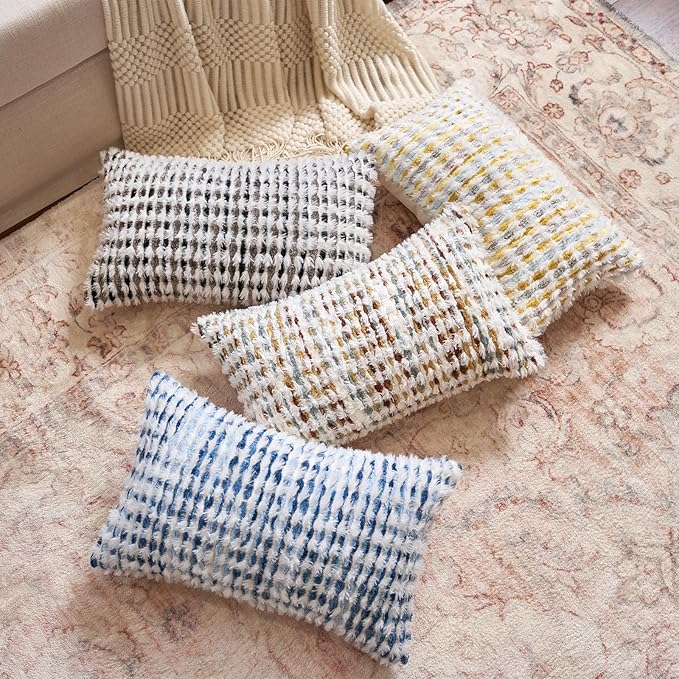 Aeckself Boho Chenille Tufted Pillow Cover 12x20 Inch, Rectangle Decorative Lumbar Throw Pillow Cover Neutral Pillowcase for Couch Bedroom Living Room, Blue White