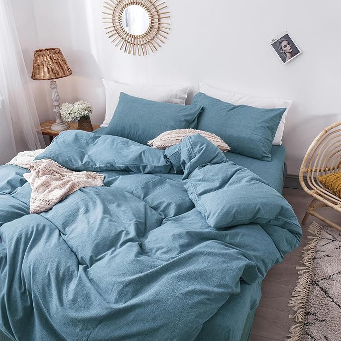 MooMee Bedding Duvet Cover Set 100% Washed Cotton Linen Like Textured Breathable Durable Soft Comfy (Heathered Peacock Blue, Super King 108"x98")