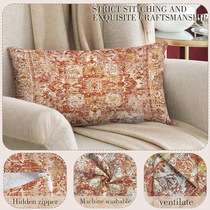 Boho Throw Pillow Covers 12x20 inch Set of 2,Boho Vintage Carpet Pattern Antique Ethnic Decor Double Sided Pattern Cushion Cover Soft Pillow Case Living Sofa Room Bed Square Pillow Cover