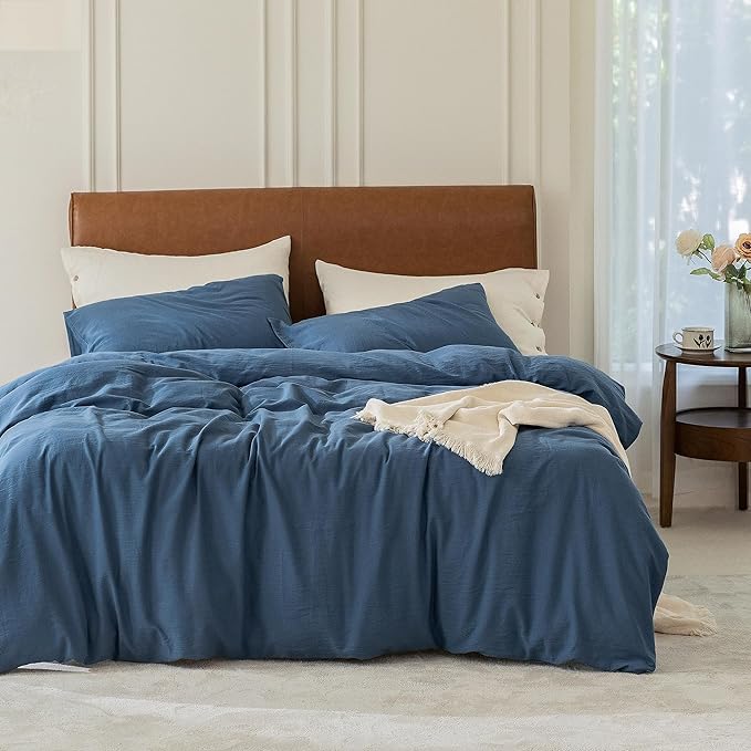 FOSSA Duvet Cover Set 100% Washed Cotton 3 Pieces Bedding Set Twill Soft Cozy Breathable Sturdy Substantial with Textured Weave Solid Federal Blue King