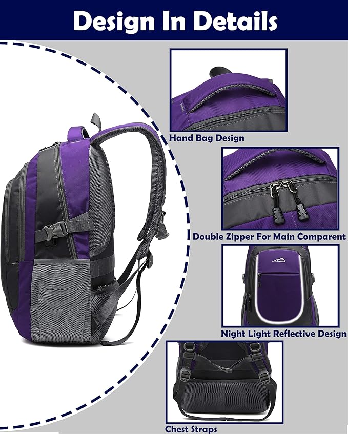 Backpack for College Sturdy Bookbag Travel Business with USB Charging Port Laptop compartment Chest Straps Anti Theft Night Light Reflective (Purple)