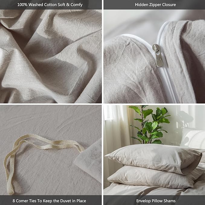 MooMee Bedding Duvet Cover Set 100% Washed Cotton Linen Like Textured Breathable Durable Soft Comfy (Heathered Brownish Grey, King 104"x90")