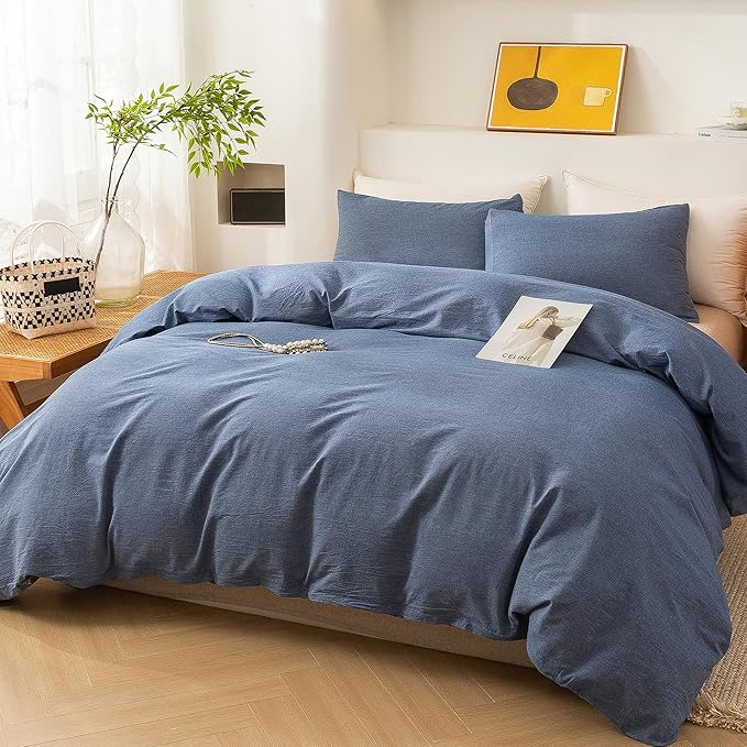 ECOCOTT Denim Blue Duvet Cover King Size, 100% Washed Cotton 1 Duvet Cover with Zipper and 2 Pillowcases, Ultra Soft and Easy Care Breathable Cozy Bedding Set (Denim Blue, King)