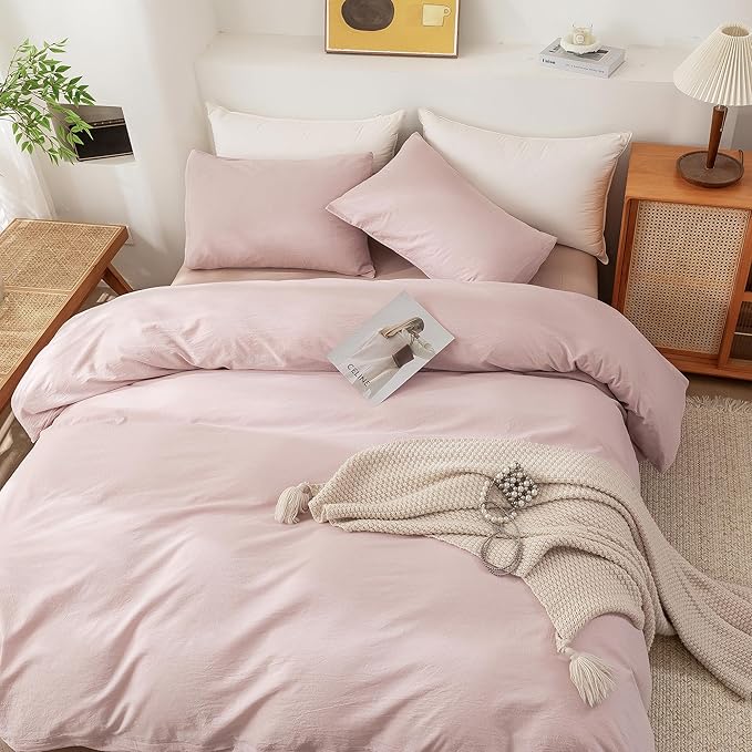 ECOCOTT Duvet Cover Queen Size - 100% Washed Cotton Durable Soft Comfy Duvet Cover Set, 3 Pieces Duvet Cover with Zipper Closure, No Comforter (Greyish Pink)