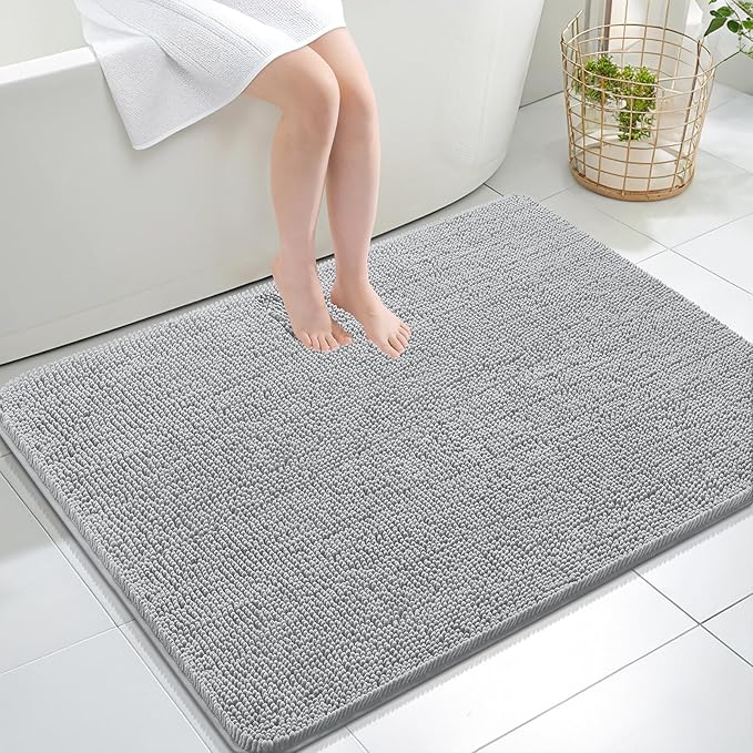 OLANLY Bathroom Rugs 40x32, Extra Soft Absorbent Chenille Bath Rugs, Rubber Backing Quick Dry, Machine Washable Bath Mats for Bathroom Floor, Tub and Shower, Home Decor Accessories, Light Grey