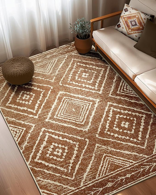 Area Rug 5x7 Rug Machine Washable Non-Slip Low Pile Print Pattern Western Rug for Living Room Bedroom Entryway Tribal Series -Yellowbrown/Cream