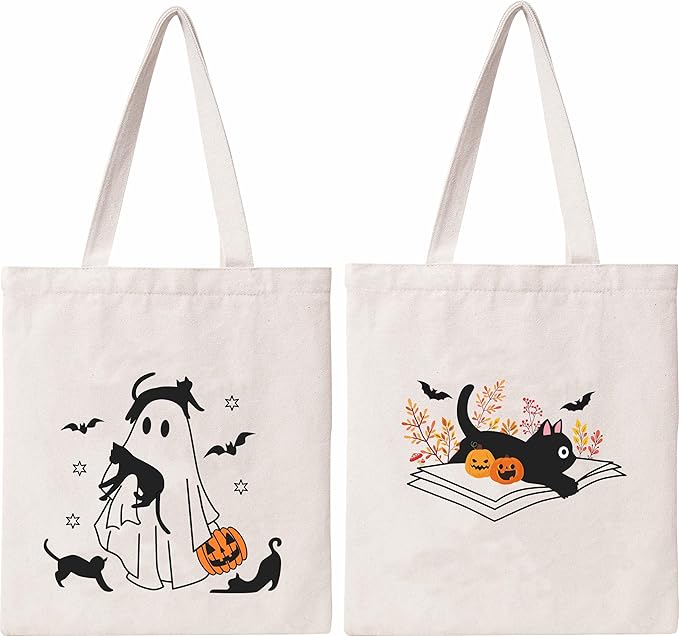 Cute Ghost Tote Bag Black Cats Tote Bag Halloween Cotton Canvas Bag for Women Gift Reusable Grocery Bag Shopping Beach Shoulder Bag
