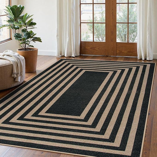 Lahome Modern Geometric Easy Jute Outdoor Rug, 5x7 Patio Living Room Rug Large Black Carpet for Bedroom, Farmhouse Washable Indoor Outdoor Carpet for Dining Room Backyard Deck