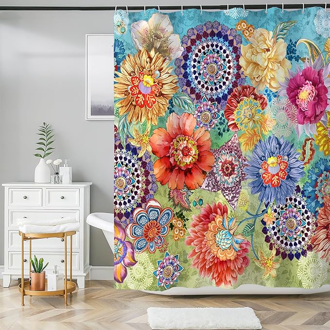 Bohemian Bathroom Curtain Colorful Boho Floral Print Beautiful Bright Polyester Fabric Cloth Shower Curtain for Bathroom Decoration, 72"x72"