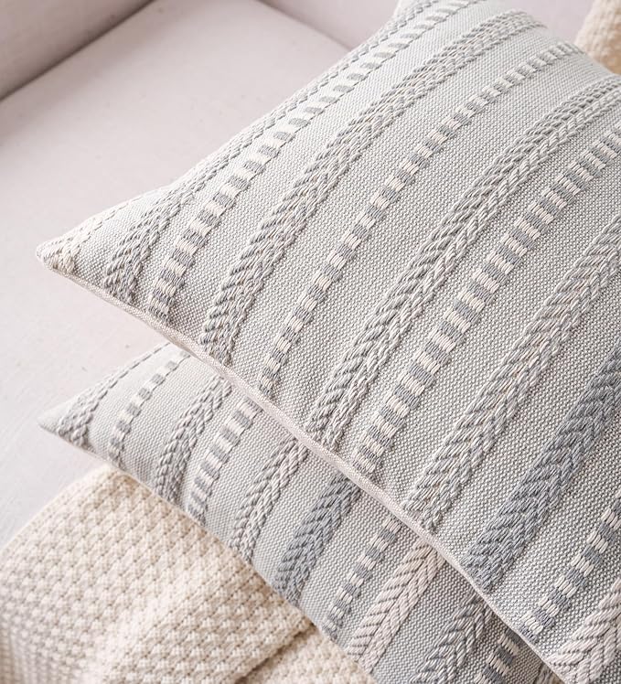 Boho Throw Pillow Covers 18x18 Inch Set of 2, Farmhouse Decorative Couch Pillow Cases, Grey Accent Pillows of Bed, Sofa Bedroom Living Room Home Decor Cushion Cover