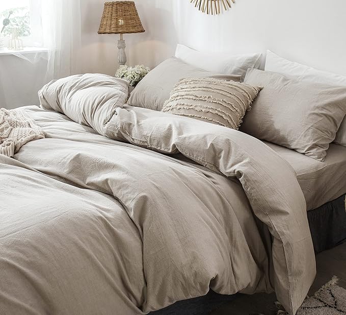 MooMee Bedding Duvet Cover Set 100% Washed Cotton Linen Like Textured Breathable Durable Soft Comfy (Heathered Tannish Linen Grey, Full 80"x90")