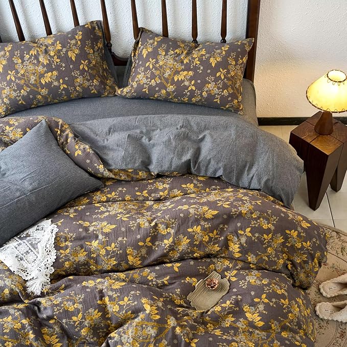 mixinni Vintage Floral Duvet Cover Queen Set - Gold Jacquard & Grey Reversible, 100% Yarn-Dyed Double-Layer Cotton, Breathable & Luxurious Farmhouse Bedding (3-Piece, Includes 2 Pillowcases)