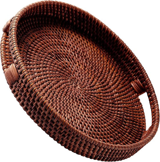 JUNGLE CULTURE Large Rattan Serving Tray 14" in Brown • Round Table Basket • Wicker Ottoman Trays with Handles for Coffee Table, Bed Side or Couch • Flat Circle Woven Tray • Boho Farmhouse Decor