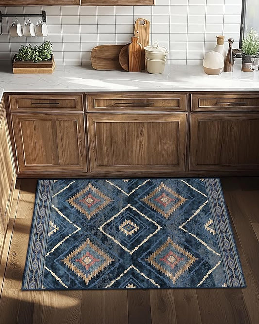Area Rug 2x3 Rug Machine Washable Non-Slip Low Pile Print Pattern Western Rug for Living Room Bedroom Entryway Tribal Series -Darkblue