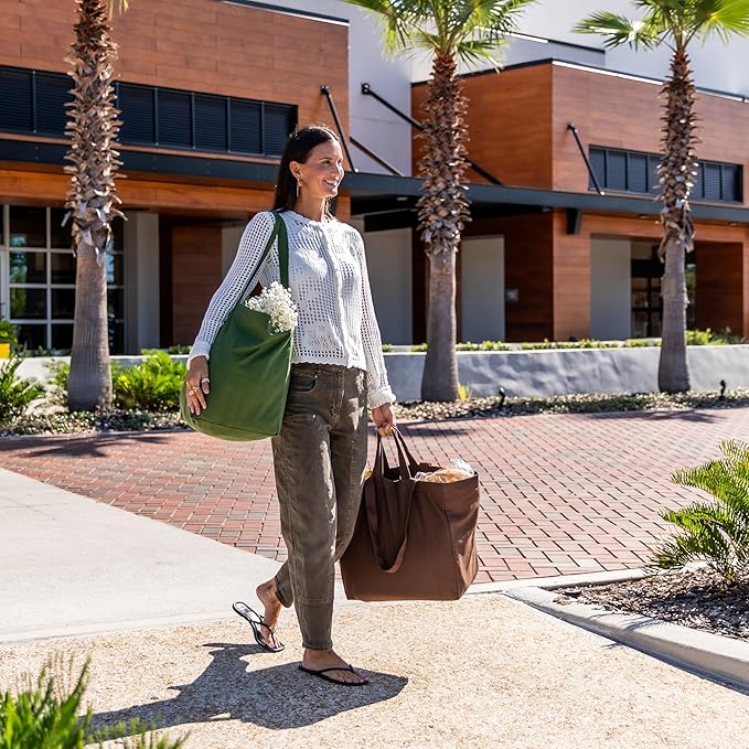 VeraMia Canvas Grocery Bag 3pc XL Set with Real Pockets, Long Shoulder Strap and Short Handle. Heavy Duty, Foldable, Washable