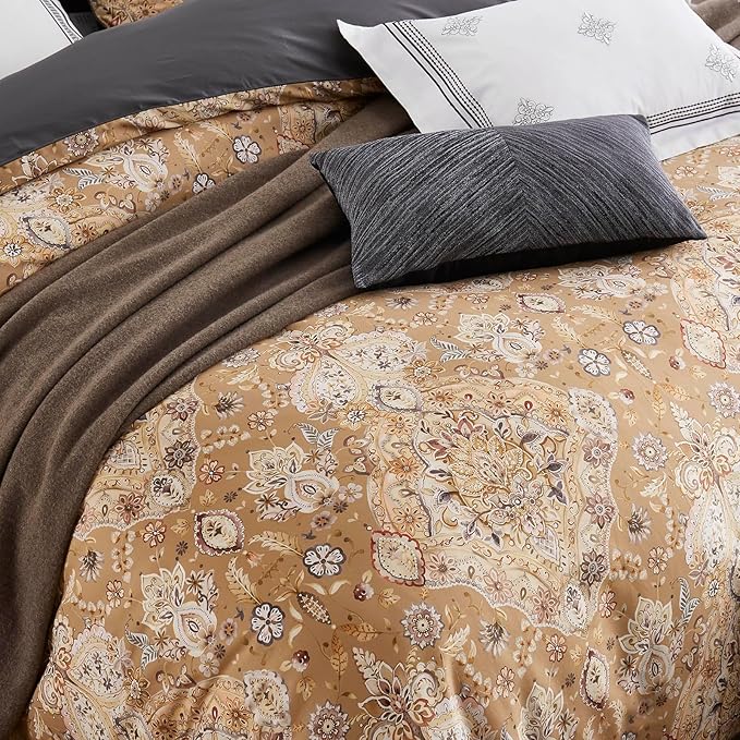 mixinni Long Staple Cotton Percale Golden Paisley Duvet Cover King Size Boho Floral Pattern 3 Pieces Soft Aesthetic Bedding Set for Him and Her, 1 Duvet Cover and 2 Pillowcases for All Seasons