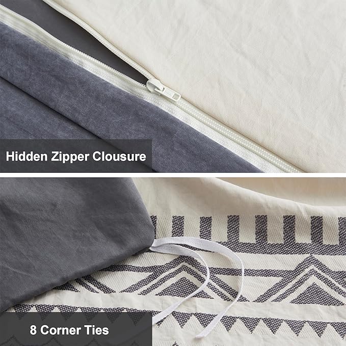 Oli Anderson Boho Duvet Cover Set Twin Size, Beige and Gray Color Clash 2 Pieces Microfiber Bedding Set, Durable and Super Soft Duvet Covers with Zipper and Ties, 68"*90"