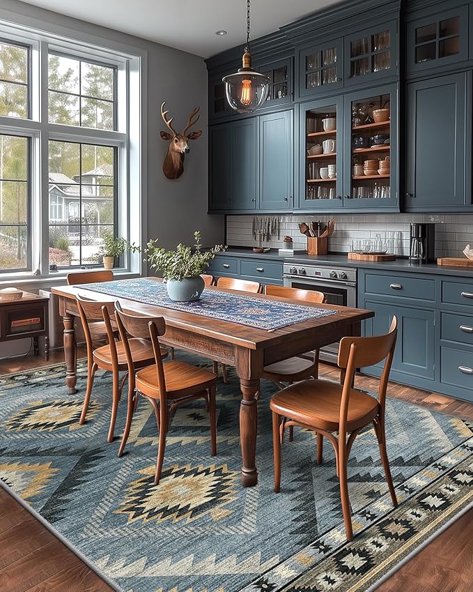 BESTSWEETIE Area Rug 9x12 Rug Machine Washable Non-Slip Low Pile Print Pattern Western Rug for Living Room Bedroom Navy/Grey