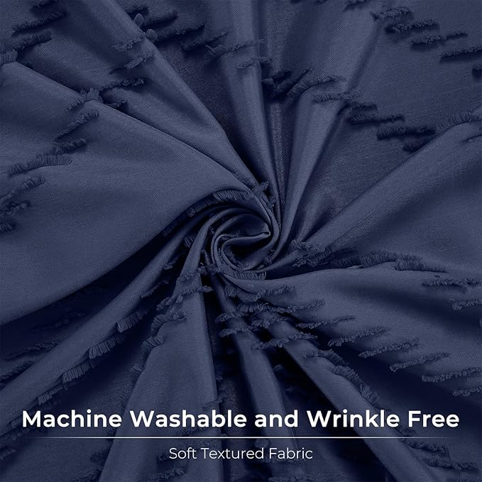 Navy Blue Fabric Shower Curtain Boho Tufted Chevron Striped Textured Cloth Curtains for Bathroom Farmhouse Shabby Chic Waterproof Set with Hook, Wrinkle Free