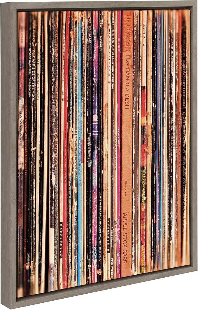 Kate and Laurel Sylvie 33RPM Framed Canvas Wall Art by Robert Cadloff of Bomobob; 18x24 Gray; Decorative Music Art for Wall