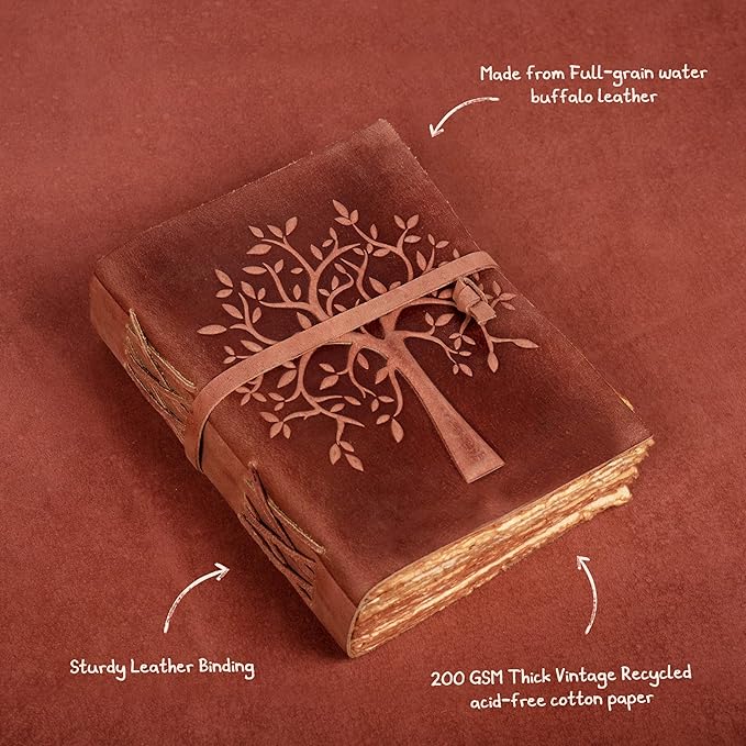 LEATHER VILLAGE Tree of Life Journal - 6 X 4 (A6) inches - Red Brown - 200 Antique Deckle Edge Handmade Paper – Book of Shadows - Vintage Leather Bound Journal for Women & Men