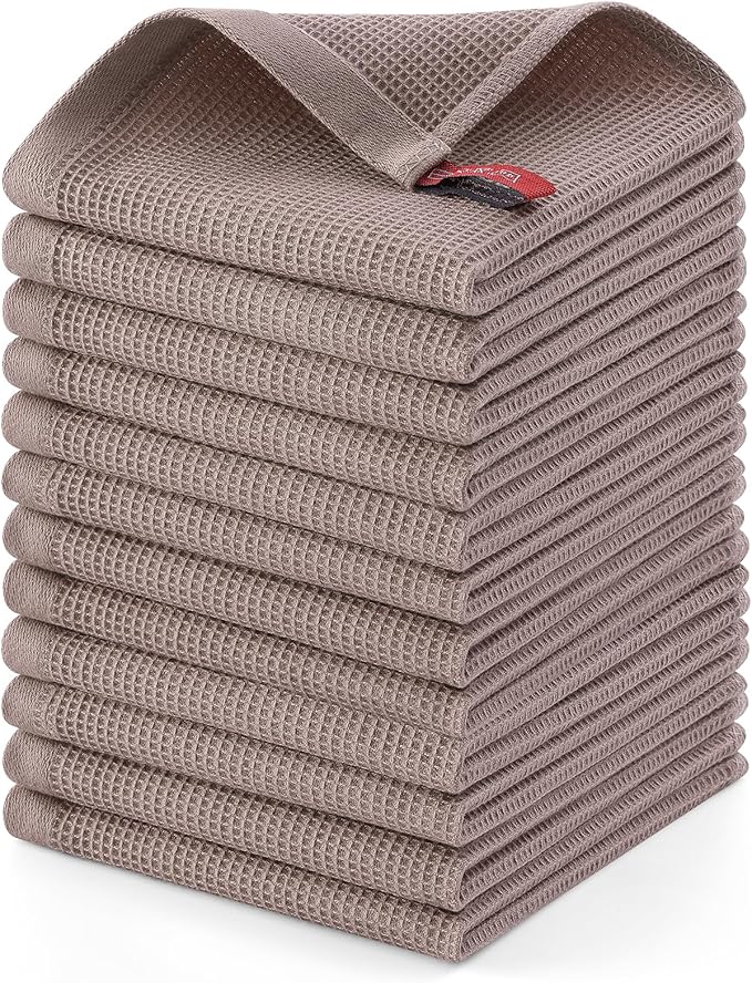 Homaxy 100% Cotton Waffle Weave Dish Cloths - 12 Pack Soft and Absorbent Dish Towels - 12 x 12 Inches Quick Dry Dish Rags - Brown