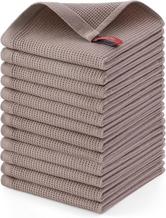 Homaxy 100% Cotton Waffle Weave Dish Cloths - 12 Pack Soft and Absorbent Dish Towels - 12 x 12 Inches Quick Dry Dish Rags - Brown