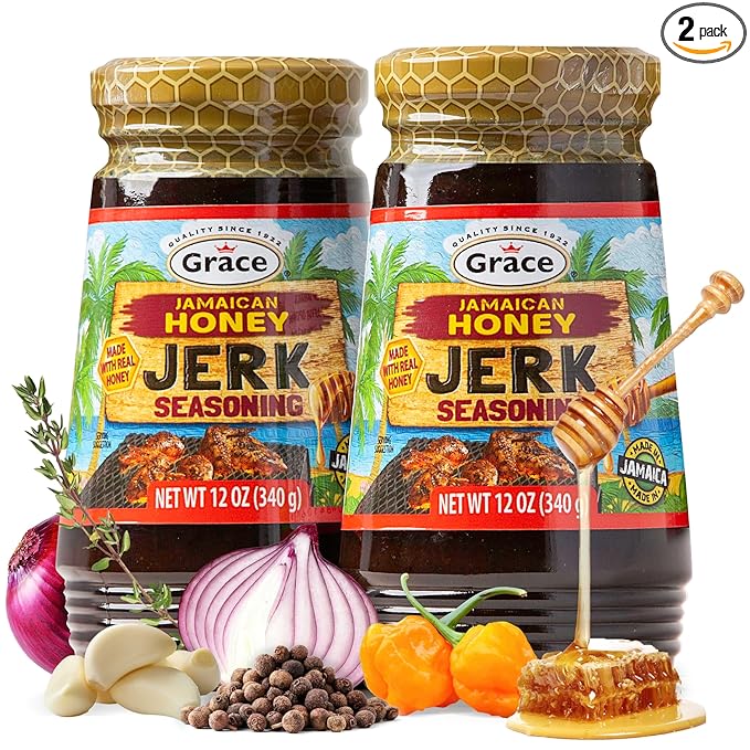 Grace Jamaican Honey Jerk Seasoning (Two 12 Oz Jars) - Caribbean Jerk Mix for Chicken & Oxtail