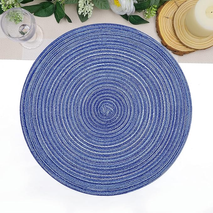 SHACOS Round Braided Placemats 15 inch Set of 6 Washable Kitchen Table Placemats for Home Wedding Party (Blue White, 6)