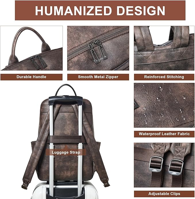 Leather Laptop Backpack for Women, 15.6" Causal Daypack Backpacks Purse Computer Backpack with Laptop Compartment for Travel Work College Business, Coffee