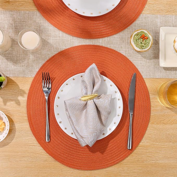 SHACOS Round Placemats Set of 6 Polyester 15 inch Round Braided Place Mats Washable Non Slip Kitchen Dining Table Mats Autumn Fall Placemats Decor, Bright Orange