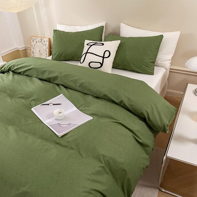 ECOCOTT Olive Green Duvet Cover Queen Size - 100% Washed Cotton Durable Soft Comfy Duvet Cover Set, 3 Pieces Duvet Cover with Zipper Closure (Green, 90''x90'')