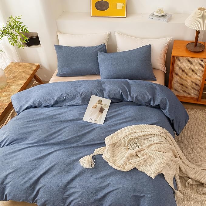 ECOCOTT Denim Blue Duvet Cover King Size, 100% Washed Cotton 1 Duvet Cover with Zipper and 2 Pillowcases, Ultra Soft and Easy Care Breathable Cozy Bedding Set (Denim Blue, King)