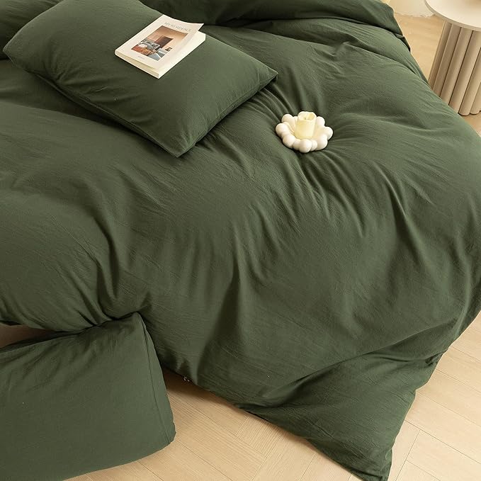 ECOCOTT 3 Pieces Duvet Cover Set Full Size 100% Washed Cotton 1 Cover with Zipper and 2 Pillowcases, Ultra Soft and Easy Care Breathable Cozy Simple Style Bedding Set (Avocado Green)