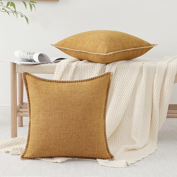 decorUhome Decorative Outdoor Throw Pillow Covers 24x24 Set of 2, Square Linen Rustic Neutral Farmhouse Euro Pillow Covers with Stitched Edge for Couch, Sofa, Living Room, Bronze Gold