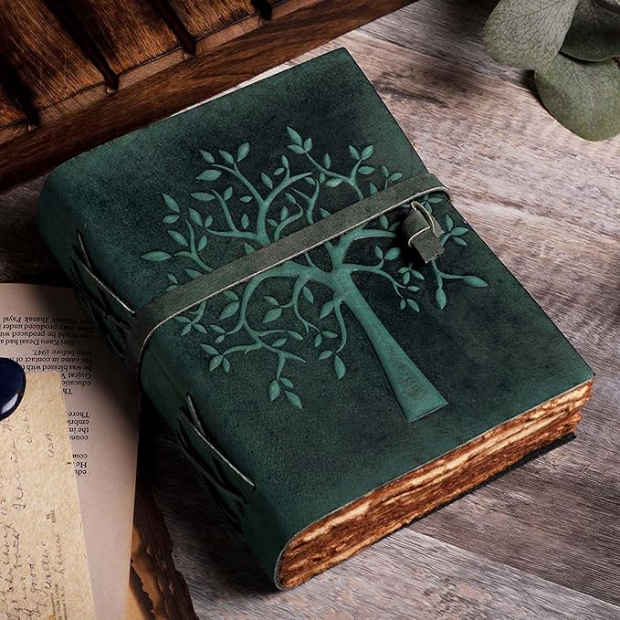 LEATHER VILLAGE Tree of Life Journal - 8"X6" (A5) inches - Turquoise - 200 Antique Deckle Edge Handmade Paper – Book of Shadows - Vintage Leather Bound Journal for Women & Men