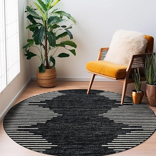 Rugshop Bohemian Stripe Stain Resistant High Traffic Living Room Kitchen Bedroom Dining Home Office Round Area Rug 6' Round Black