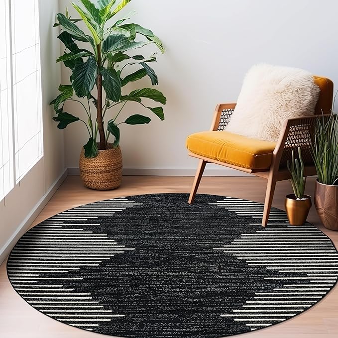 Rugshop Bohemian Stripe Stain Resistant High Traffic Living Room Kitchen Bedroom Dining Home Office Round Area Rug 8' Black