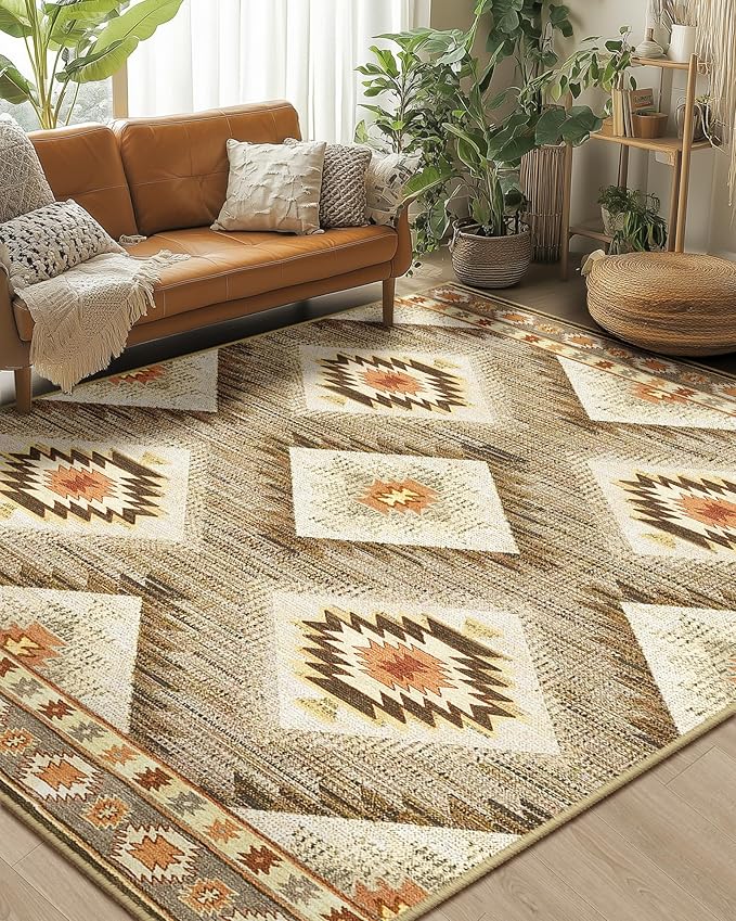 Area Rug 8x10 Rug Machine Washable Non-Slip Low Pile Print Pattern Western Rug for Living Room Bedroom Entryway Tribal Series -Cream/Camel