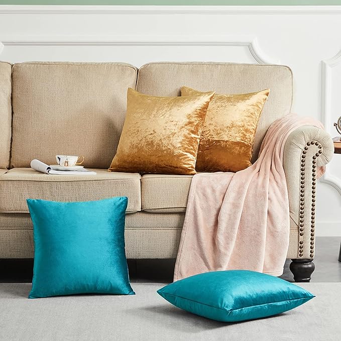 GIGIZAZA Velvet Pillow Covers 20x20,Gold Teal Soft Throw Pillow Covers Set of 4 Square Decorative Modern Pillows Covers for Living Room