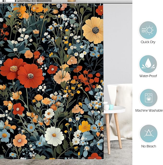 Aimego Black Floral Shower Curtain - Colorful Red Dark Flowers Spring Plants Boho Chic Botanical Leaves Fabric Cloth Bath Shower Curtain Set with 12 Hooks for Bathroom Decor Accessories, 72"x72"