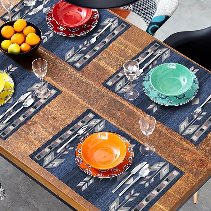 Giwawa Southwestern Placemats Set of 4, Navy Blue Grey Ethnic Tribal Geometric Decorative Place Mat, 12"x18" Native American Heat Resistant Table Mats for Dining Kitchen Party
