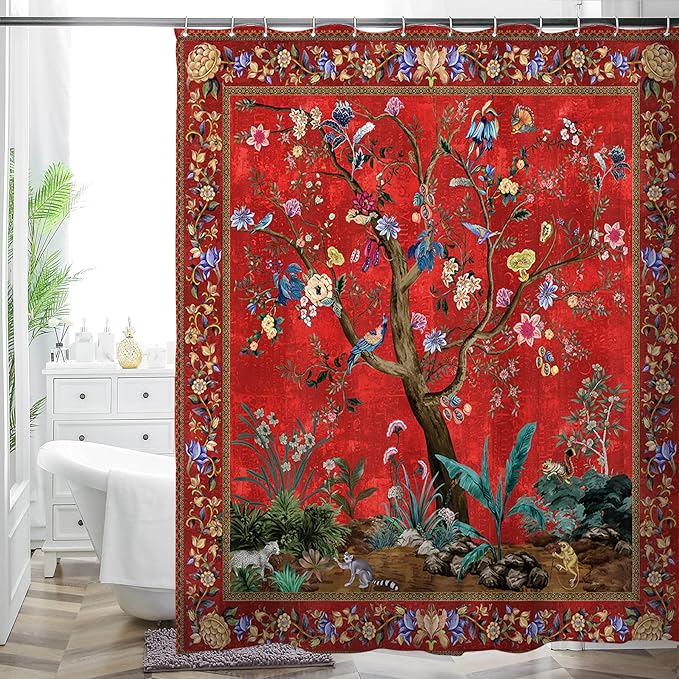 Bohemian Bathroom Curtain Colorful Boho Floral Print Beautiful Bright Polyester Fabric Cloth Shower Curtain for Bathroom Decoration, 72"x72"