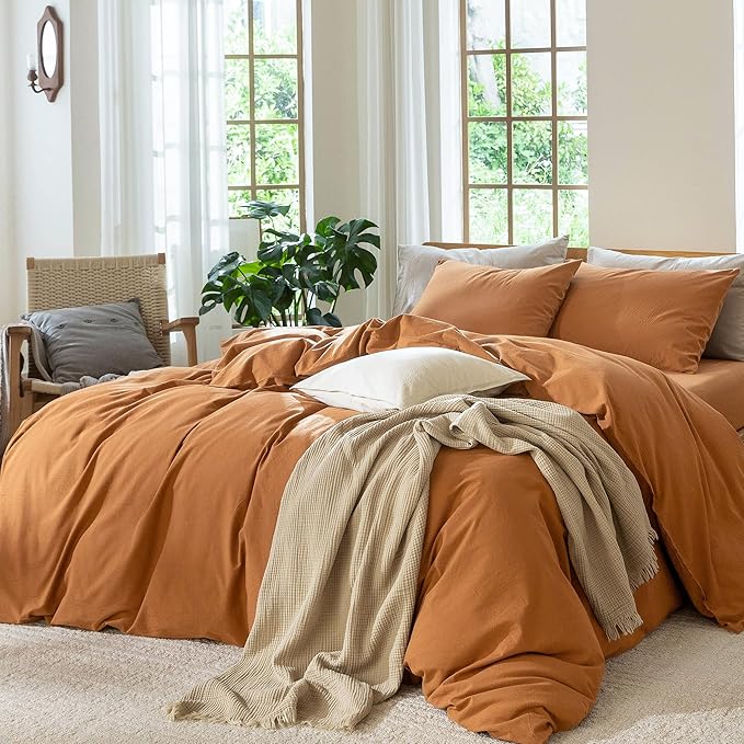 MooMee Bedding Duvet Cover Set 100% Washed Cotton Linen Like Textured Breathable Durable Soft Comfy (Solid Burnt Orange, Twin 68"x90")