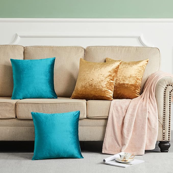 GIGIZAZA Velvet Gold Teal Pillow Covers 18x18，Pack of 4 Decorative Throw Pillow Soft Covers Square Couch Pillow Modern Covers Living Room Luxury Cushion Covers