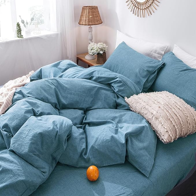 MooMee Bedding Duvet Cover Set 100% Washed Cotton Linen Like Textured Breathable Durable Soft Comfy (Heathered Peacock Blue, Full 80"x90")
